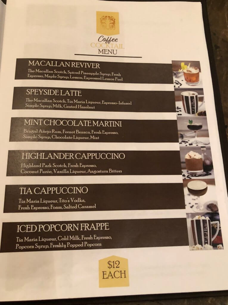 Cafe Al Bacio coffee cocktails menu