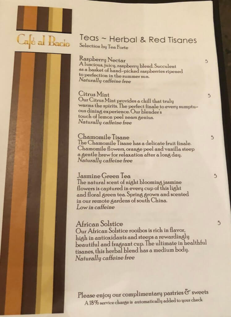 Cafe Al Bacio Celebrity Cruises menu