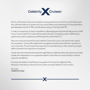 Celebrity Cruises Halt of operations letter