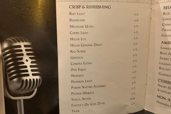 Princess Cruises Bar Menu Beer