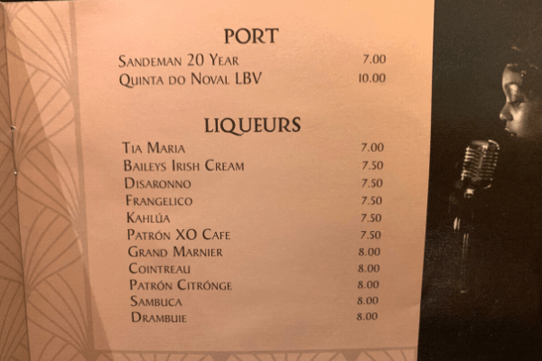 Princess Cruises Bar Menu Liqueurs