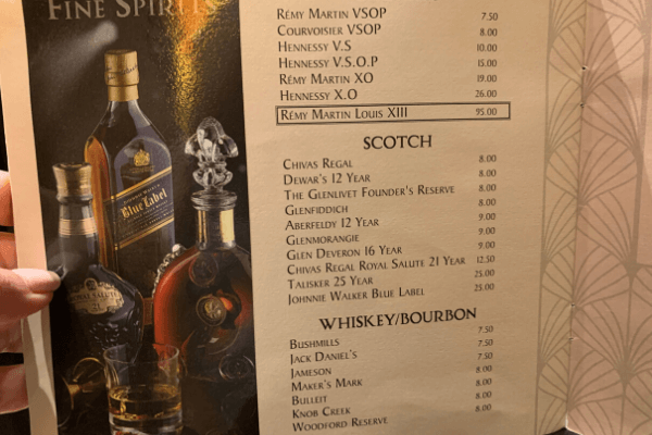 Princess Cruises Bar Menu Spirits