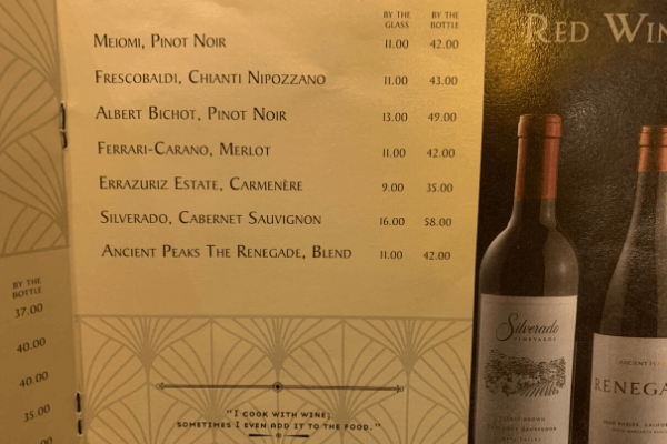 Princess Cruises Bar Menu red wine