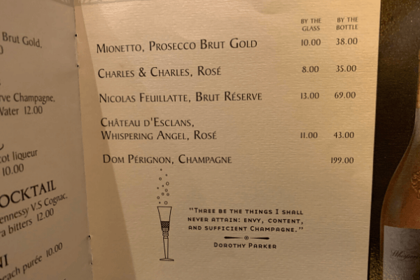 Princess Cruises Bar Menu sparkling wine and champagne