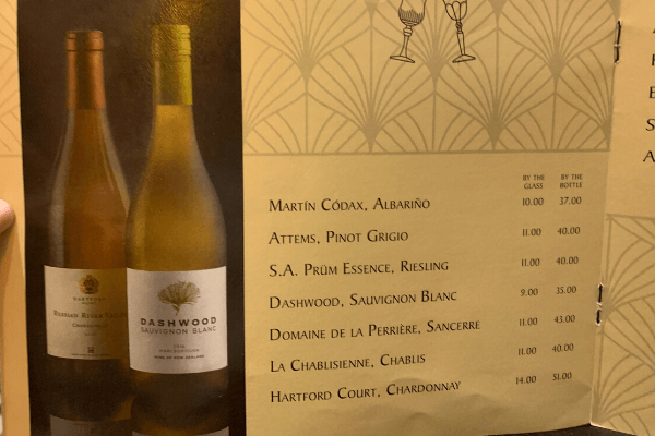 Princess Cruises Bar Menu white wine