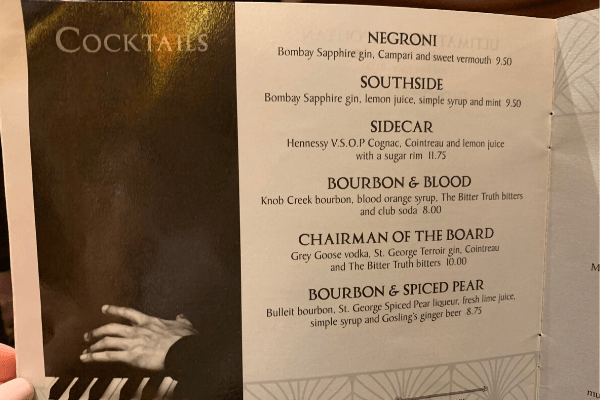 Princess Cruises Crooners Bar Menu cocktails