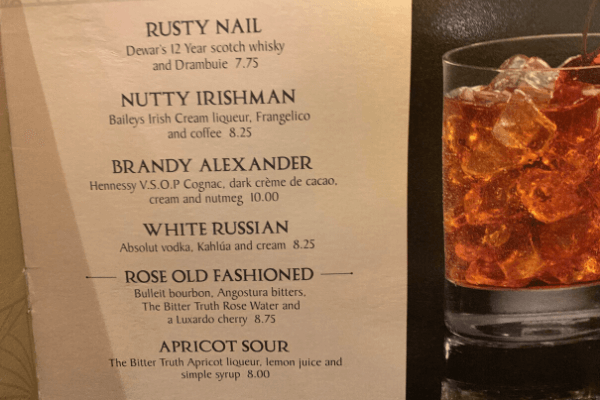 Princess Cruises Crooners Bar Menu drinks