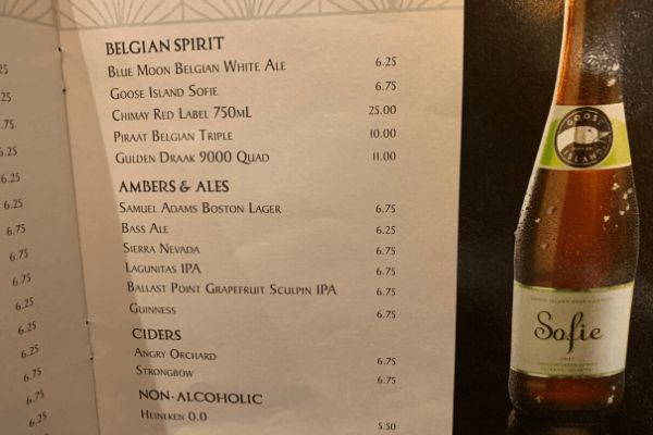 Princess Cruises beer, ale and cider menu