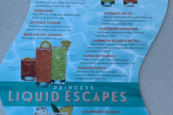 Princess cocktail menu beverage package 