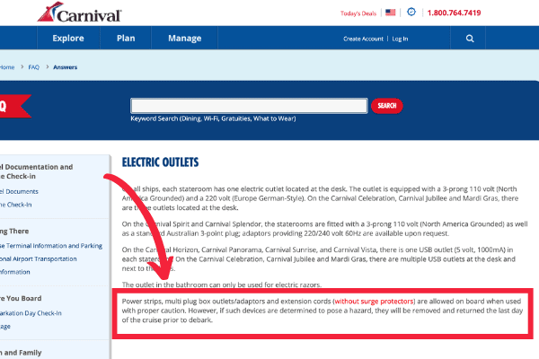 Carnival cruise website notification for power bars