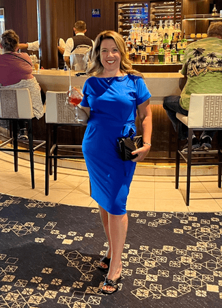 ilana wearing short sleeve dress on a cooler weather cruise