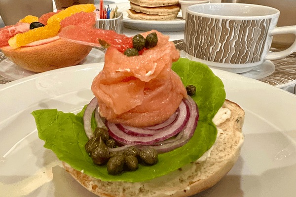 Smoked salmon bagel cruise ship main dining room breakfast